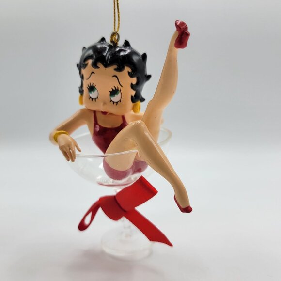 Vtg Betty Boop Ornament In Cocktail Glass With Red Bow Christmas Holiday Decor - Picture 11 of 13